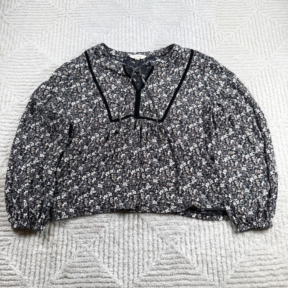Lucky Brand Floral Peasant Top Womens Large Black Boho Velvet Trim Cottagecore